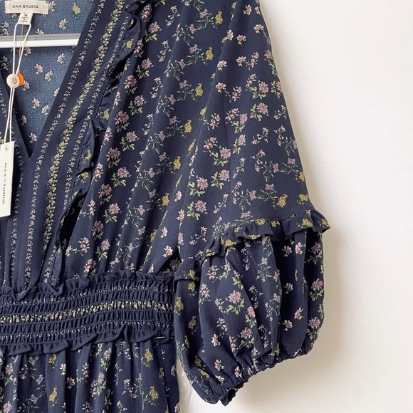 Max Studio Crepe Empire Waist Dress 3/4 Tiered Bubble Sleeves V-Neck Layered - Picture 3 of 13